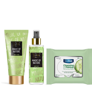 Deep Fresh Spray Trupi dhe Locion Magic of Nature & Peceta për heqjen e grimit 25 copë
